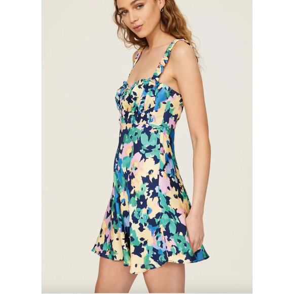 Nicholas Dress Womens 2 Blue Yellow Pink Simie Floral Sweetheart Mini Strapless - Picture 3 of 12